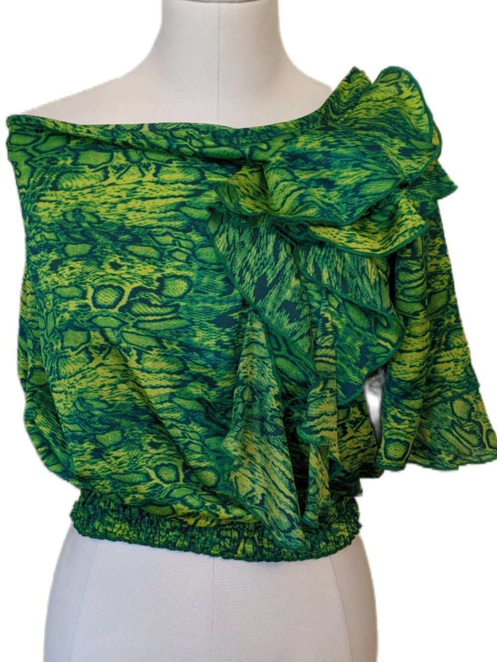 Vintage Y2K Green Snakeskin One Shoulder Ruffle Blouse Satin Glam Party Club S